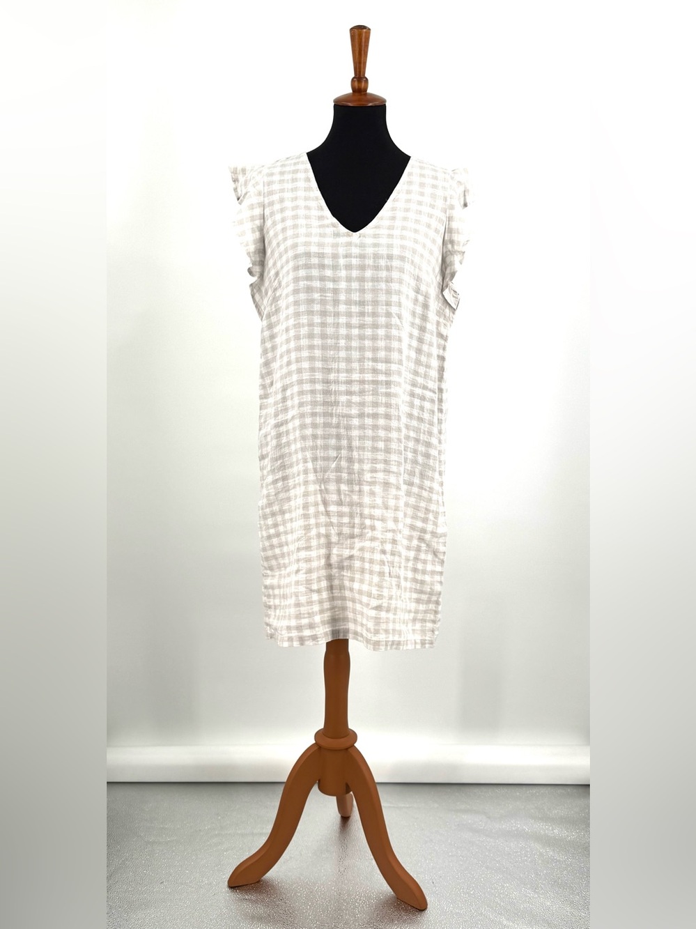 Cynthia Rowley Linen Beige White Linen Gingham Flutter Sleeve V-Neck Dress Sz M